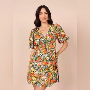 Petal & Pup Flourish Puff Sleeve Mini Dress Linen Blend NWOT